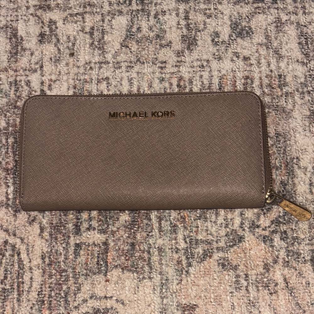 Michael Kors Grey Tan Large Zip Wallet with Gold Zipper